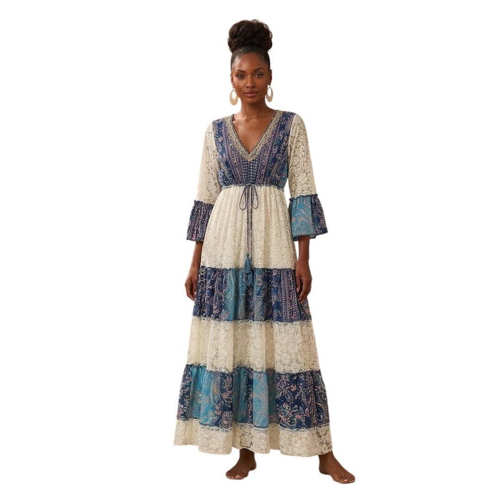 Nazila Couture Silk Blend Paisley Lace Maxi Dress Blue Pink Embellished NWT